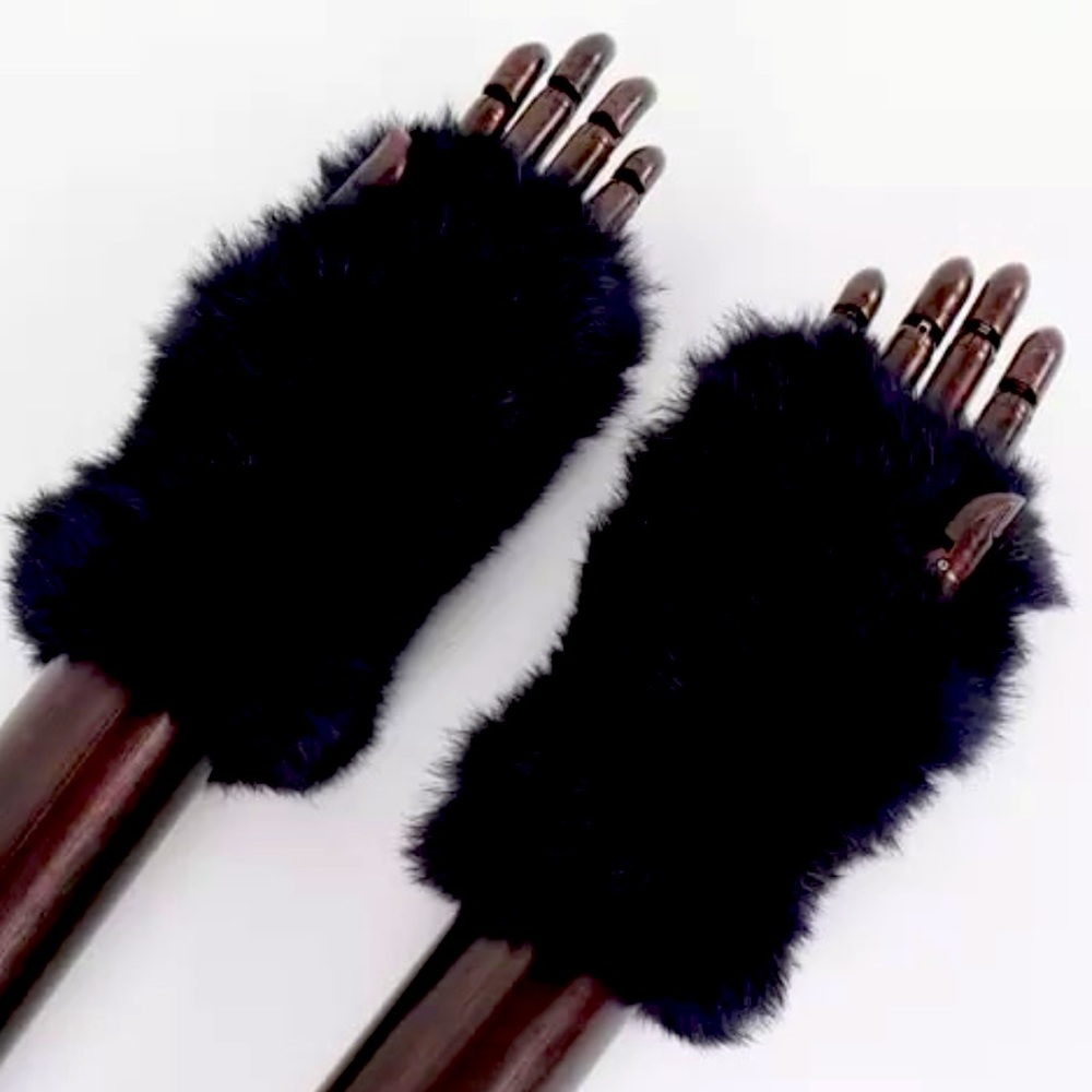 LUXE 100% genuine real rabbit SOFT black fur open long mitten fingerless gloves
